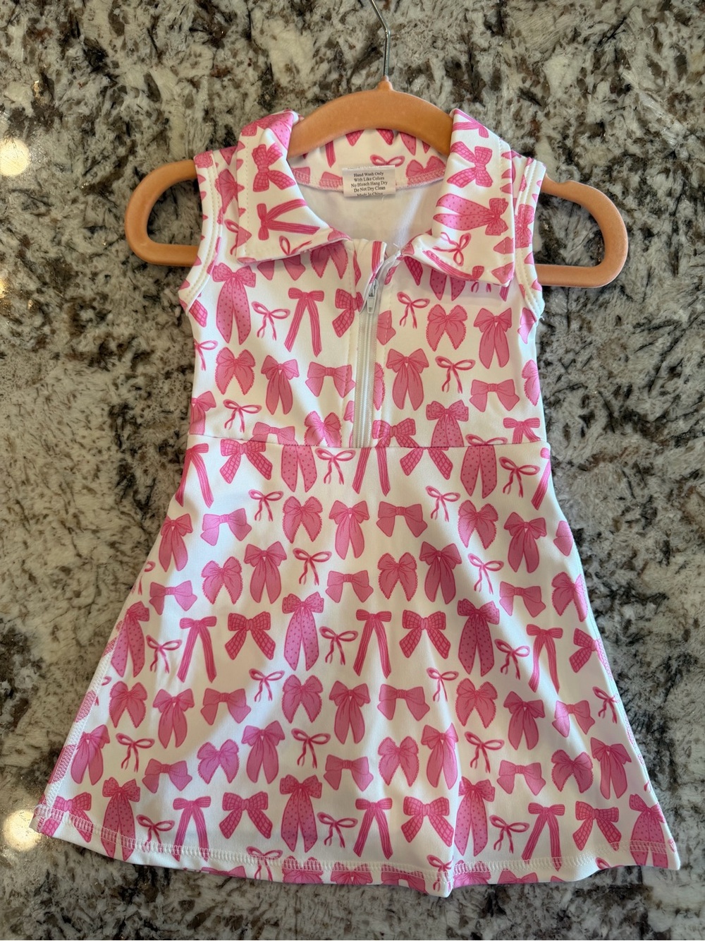 Girls' Sleeveless Pink Bow Print Polo Dress